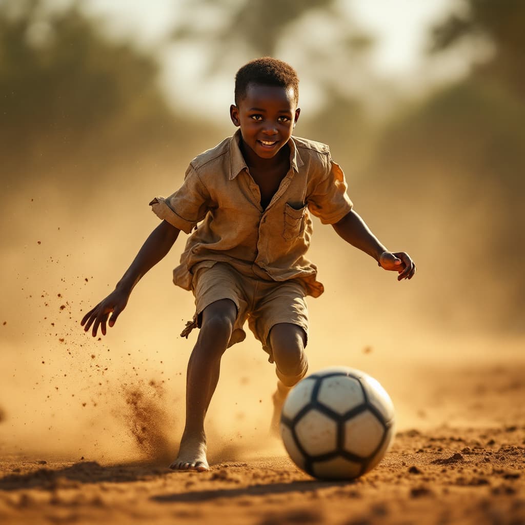 AI generated: A hyper-realistic 8K image of a young African boy playing soccer barefoot on a dusty field under the...