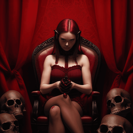 AI generated: A woman sitting on 10 dark red skulls