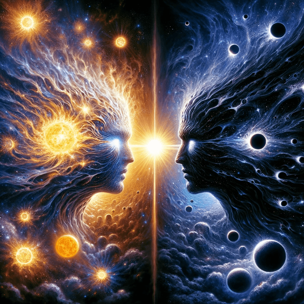 AI generated: In the expanse of a cosmic battlefield, two deities from separate dimensions face off. The first is ...