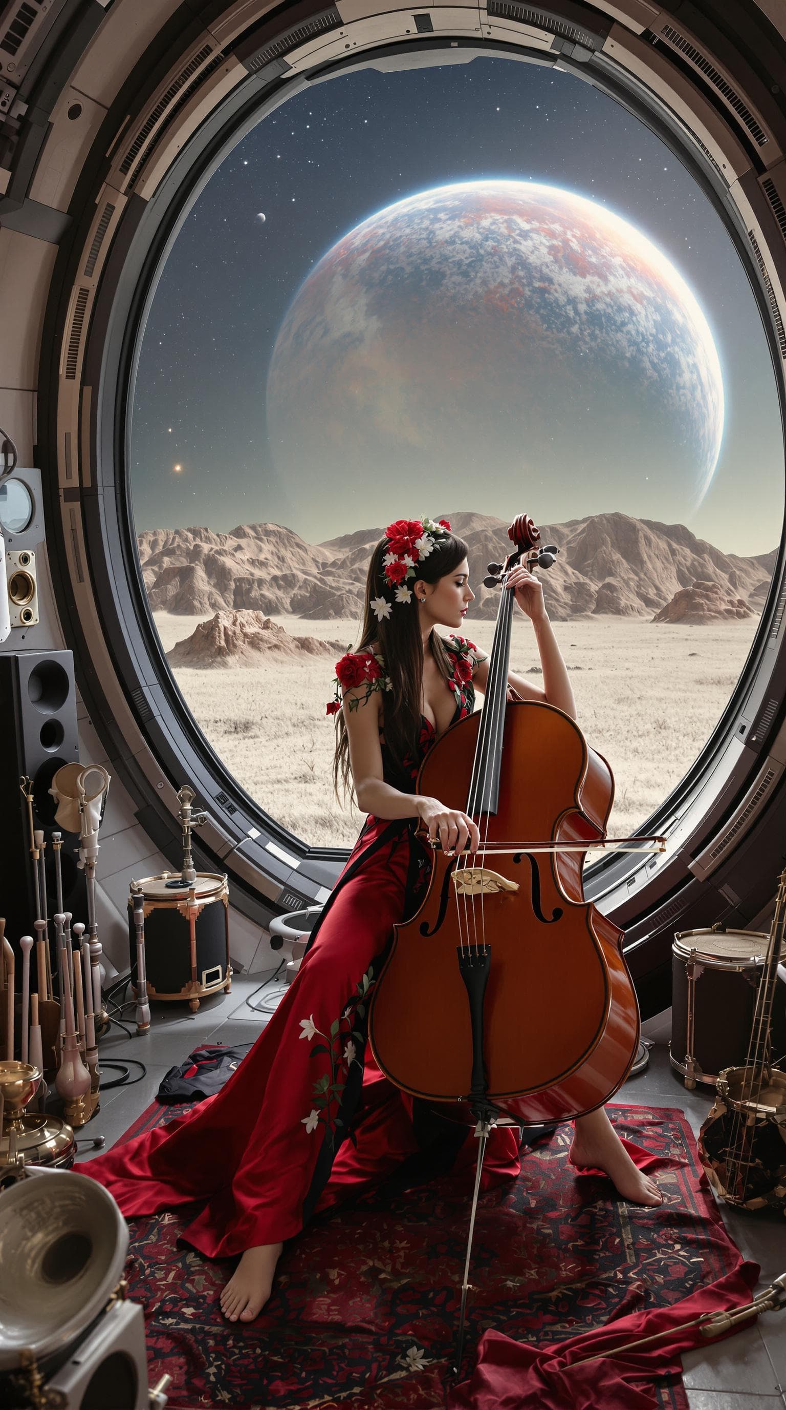 AI generated: Full body view A gorgeous and elegant woman, a top model, dressed in a red and black tunic, her long...