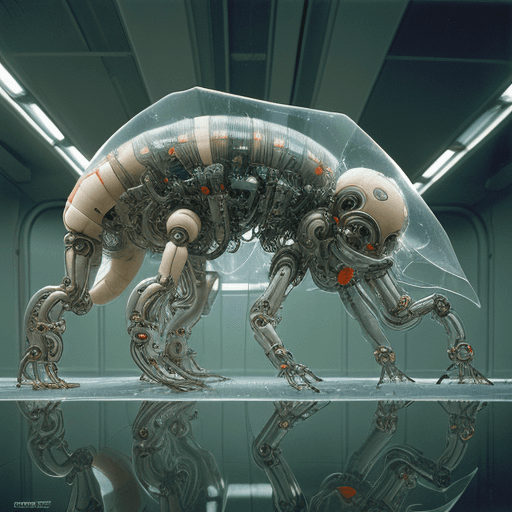 AI generated: a natural light, closeup of a full body cybernetic rococo centipede cyborg, body is clear plastic, i...