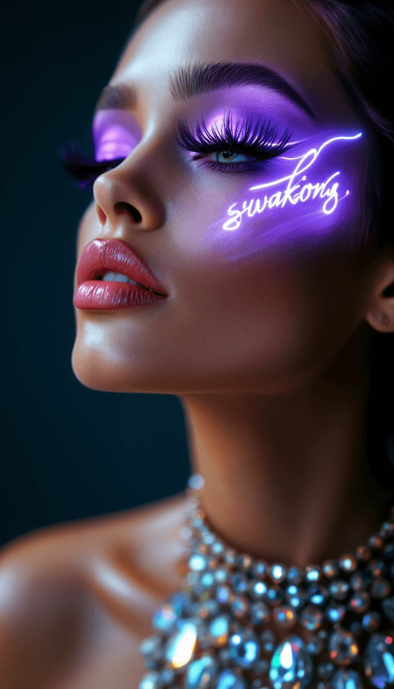 AI generated: a side profile angle photo of a model with thick super long dramatic eyelashes, neon purple eye make...