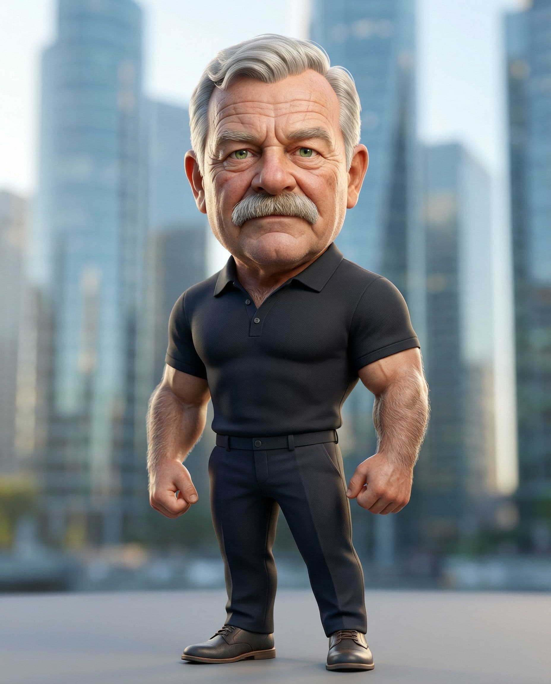 AI generated: Cute high-end 3D chibi / stylized caricature character, full body, standing confidently in a modern ...