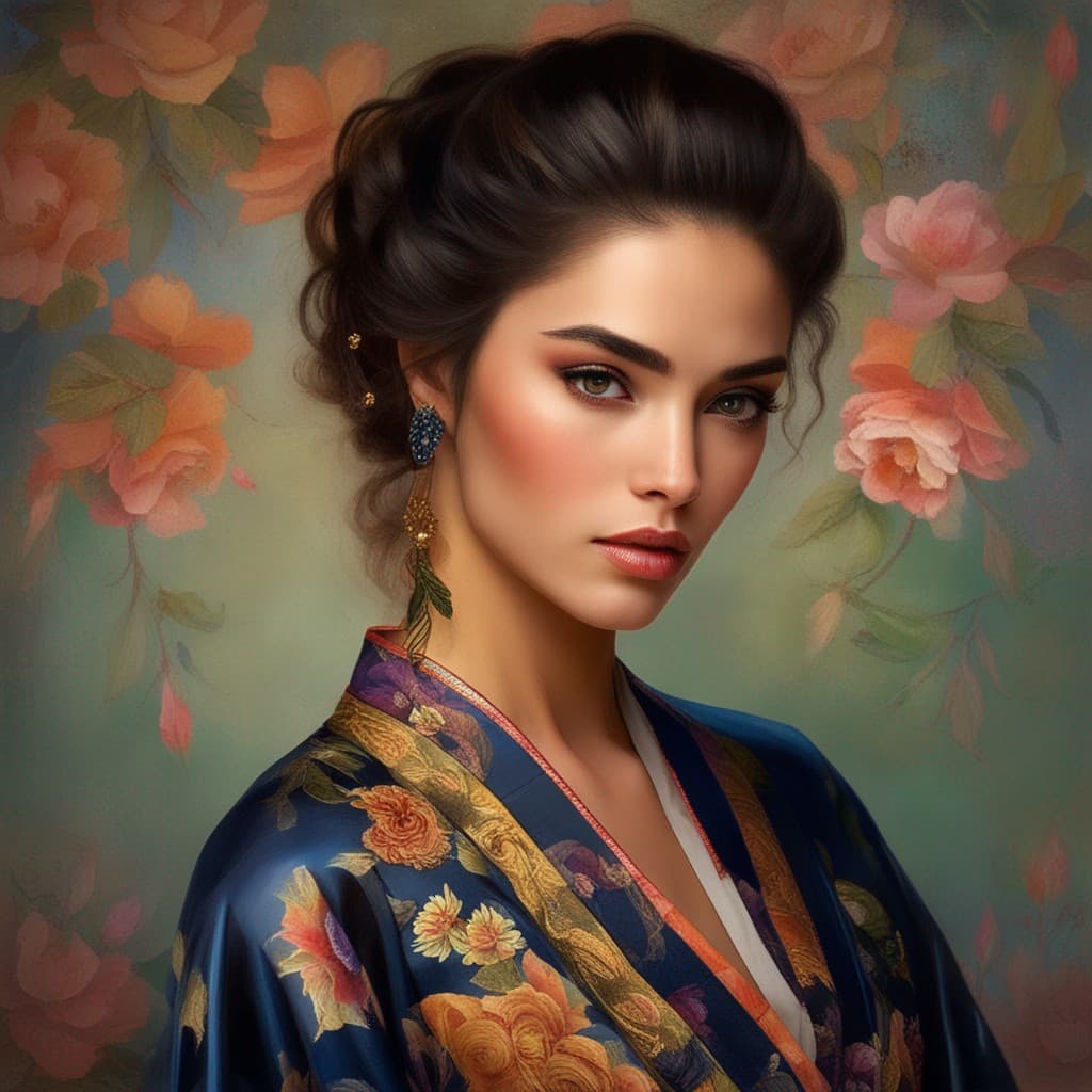 AI generated: Beautiful Brazilian woman with porcelain, flawless skin, and ethereal beauty. Beautiful eyes, dark a...