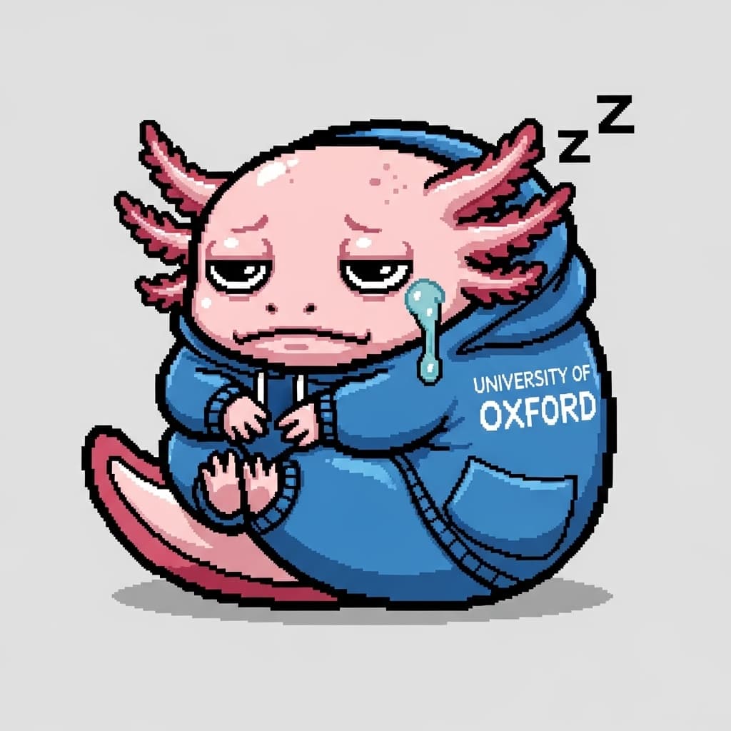 AI generated: A cute 2d sprite Axolotl wearing a hoodie of blue color from the University of Oxford, which is exha...