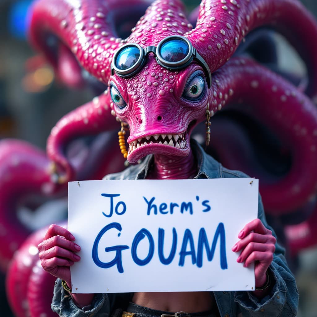 AI generated: Jo yuri from squid game, holding a sign that’s written on it goam, 4k, hyper realistic, focused, ext...