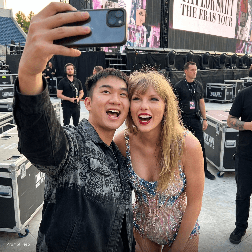 AI generated: with Taylor Swift backstage at a concert, excited fans vibe