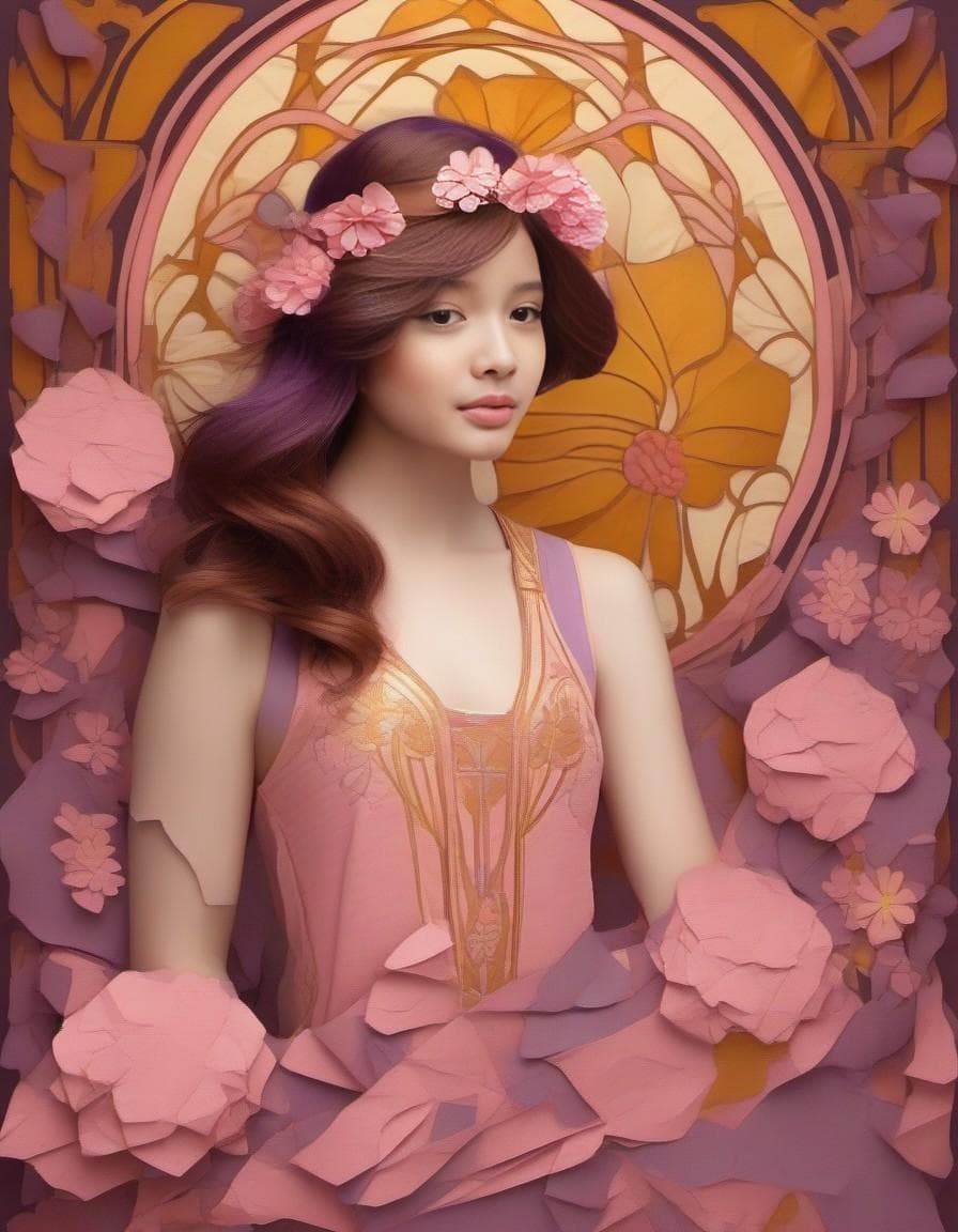 AI generated: photography of a (anthropomorphic lion-woman:1.3), delicate, blossoms arrangement being displayed:: ...