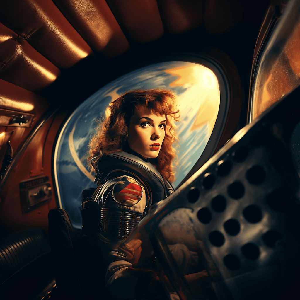 AI generated: woman in space, photograph shot with Kodak Portra 800, a Hasselblad 500C, 55mm f/ 1. 8 lens, extreme...