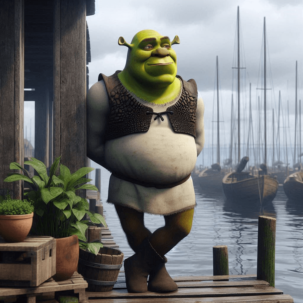 AI generated: Cinematic professional 3D animation of Shrek standing on a dock in a harbor under cloudy daylight, h...