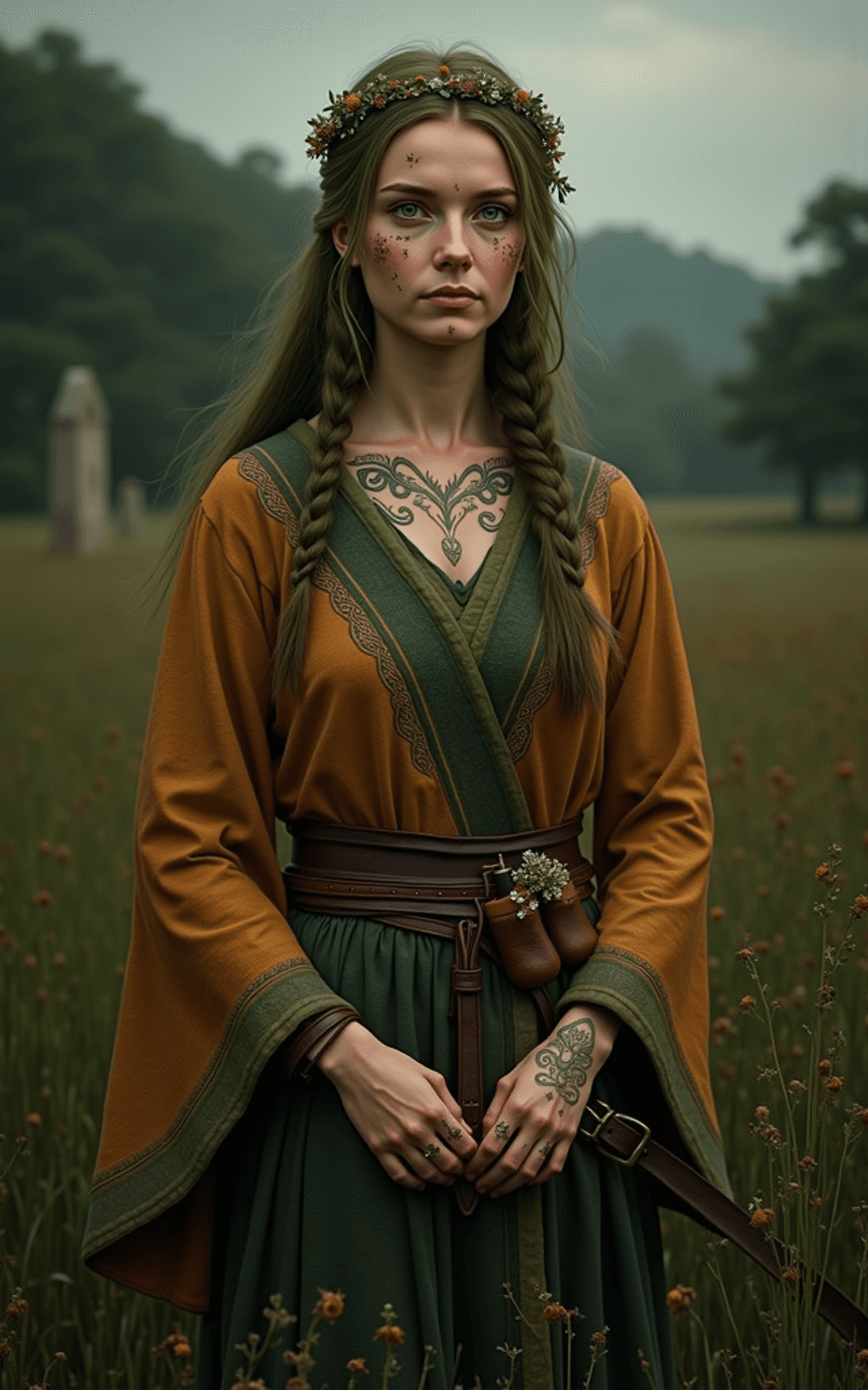 AI generated: Ultra-realistic full-body portrait of a female Celtic druid from Roman-era Britain. She wears a laye...