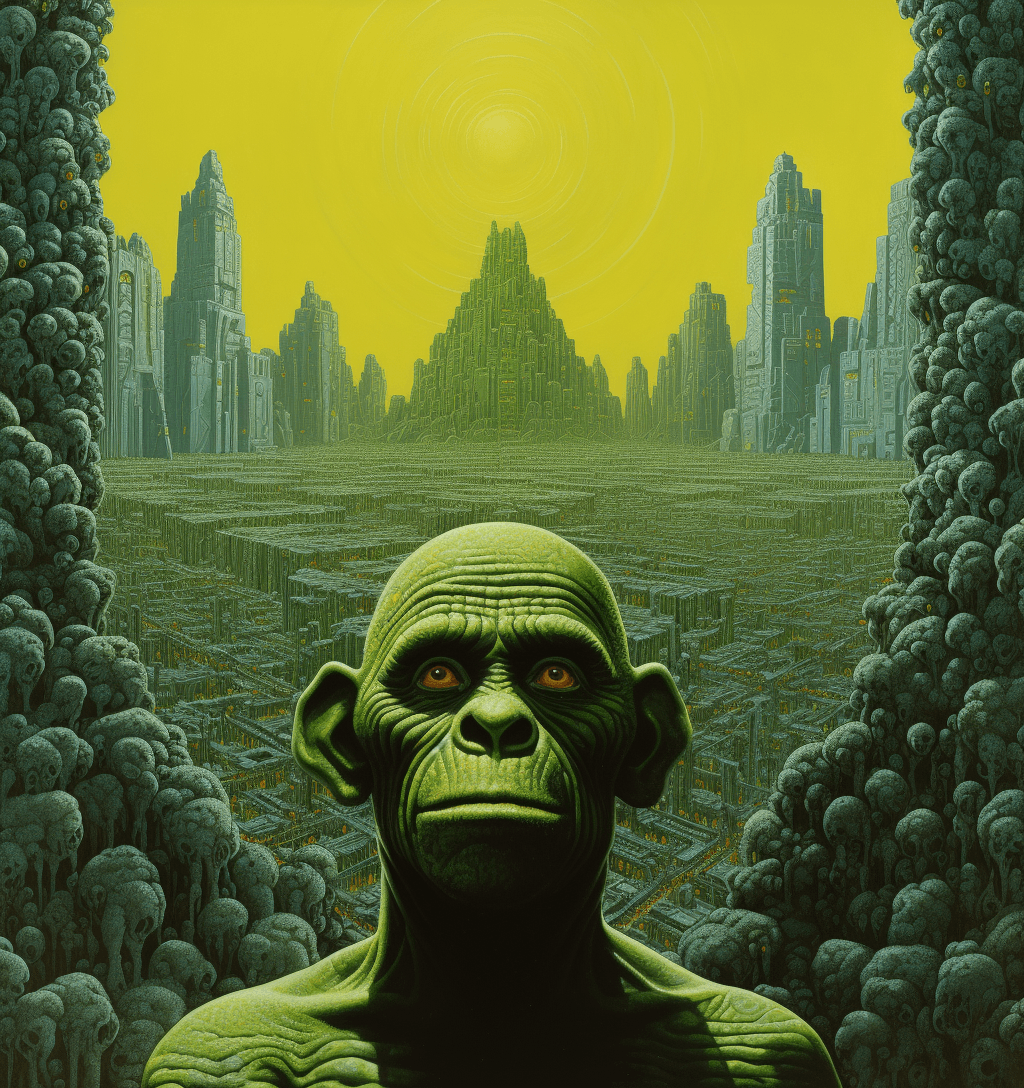 AI generated: the cover of a black cover of the planet of the apes, in the style of jacek yerka, light green and y...