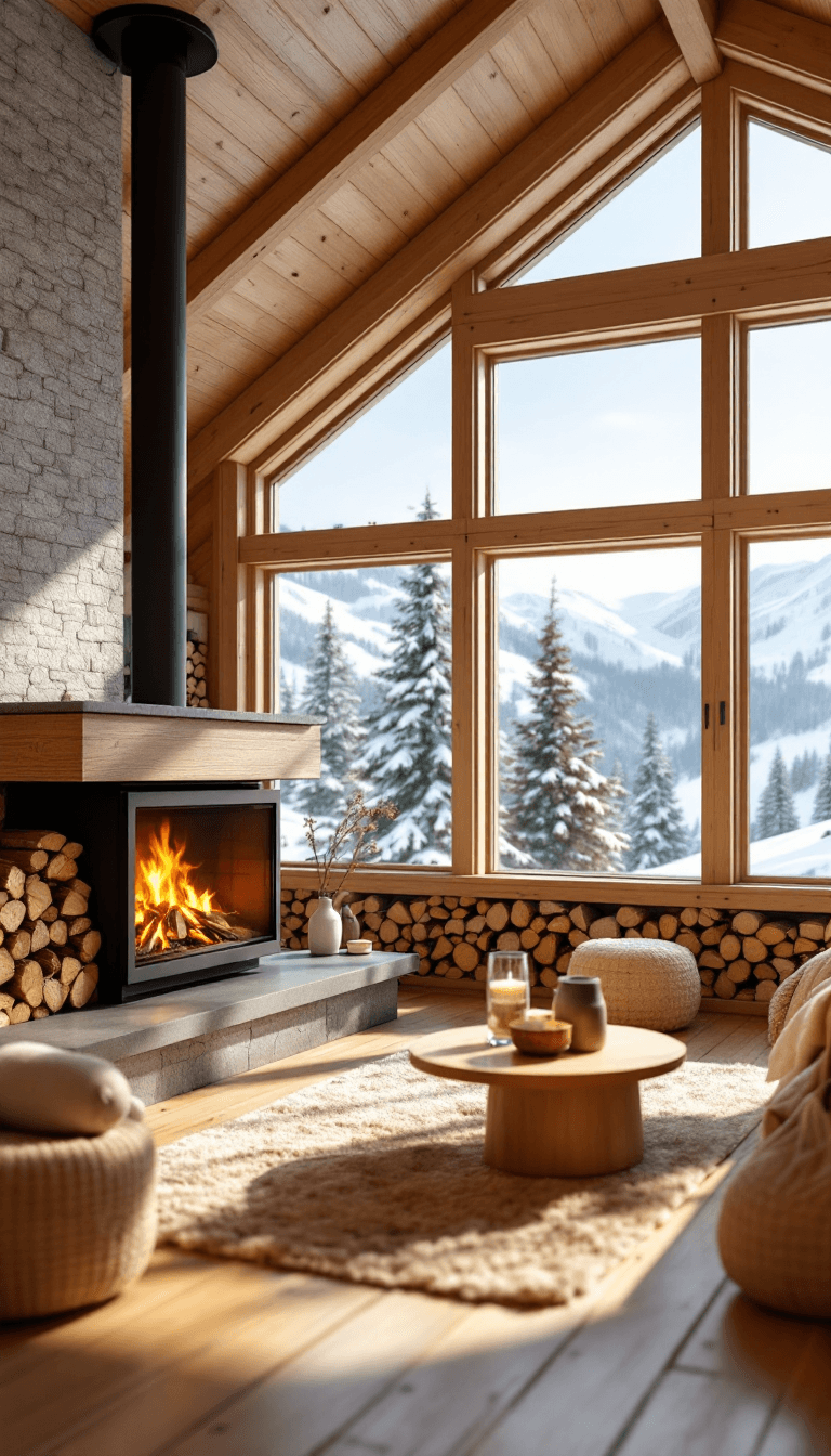 AI generated: a cozy living room in a wooden chalet, big fireplace, stacked firewood, big window with views of ski...
