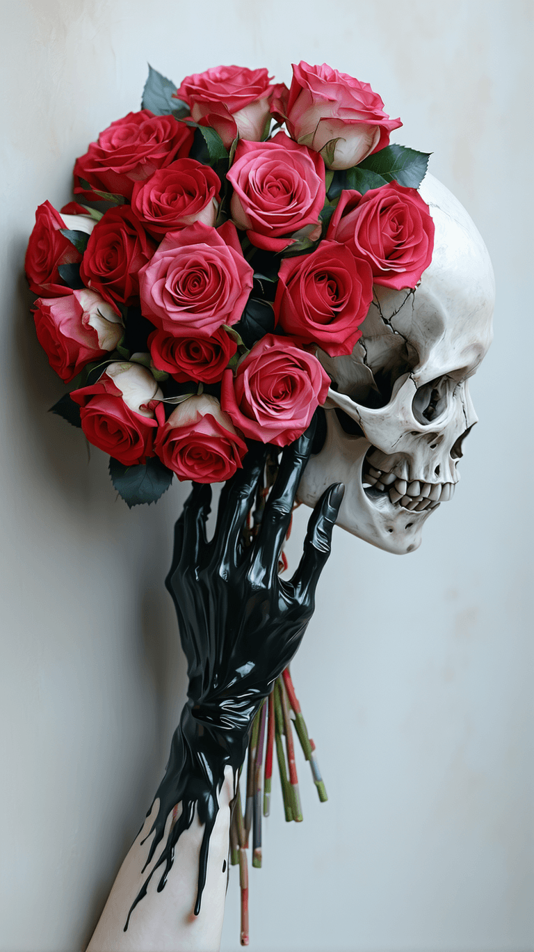 AI generated: “An ultra-realistic bouquet of red and pink skull roses arranged in the shape of a humanoid face, he...