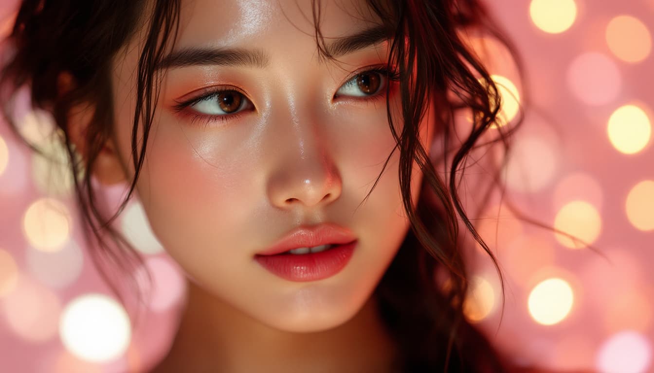 AI generated: an Asian woman, in the style of light amber and pink, blurred imagery, shiny/glossy, melting, drugco...