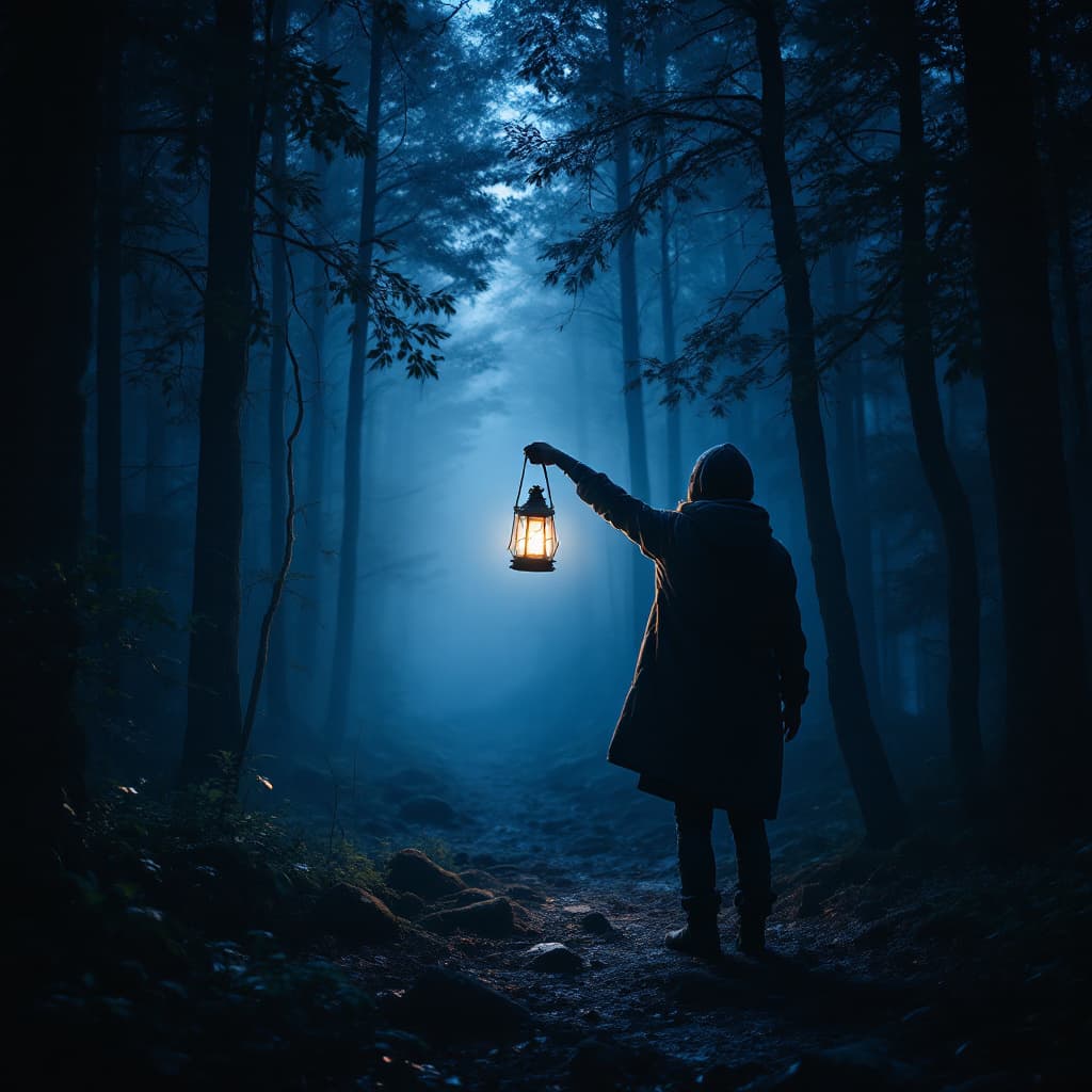AI generated: Person holding a glowing lantern in a pitch-black forest guiding lost travelers, ethereal 3D glow ef...