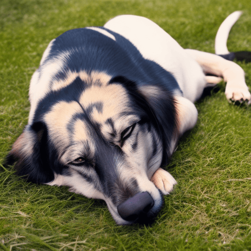 AI generated: dog outside on grass sleeping on the deck

