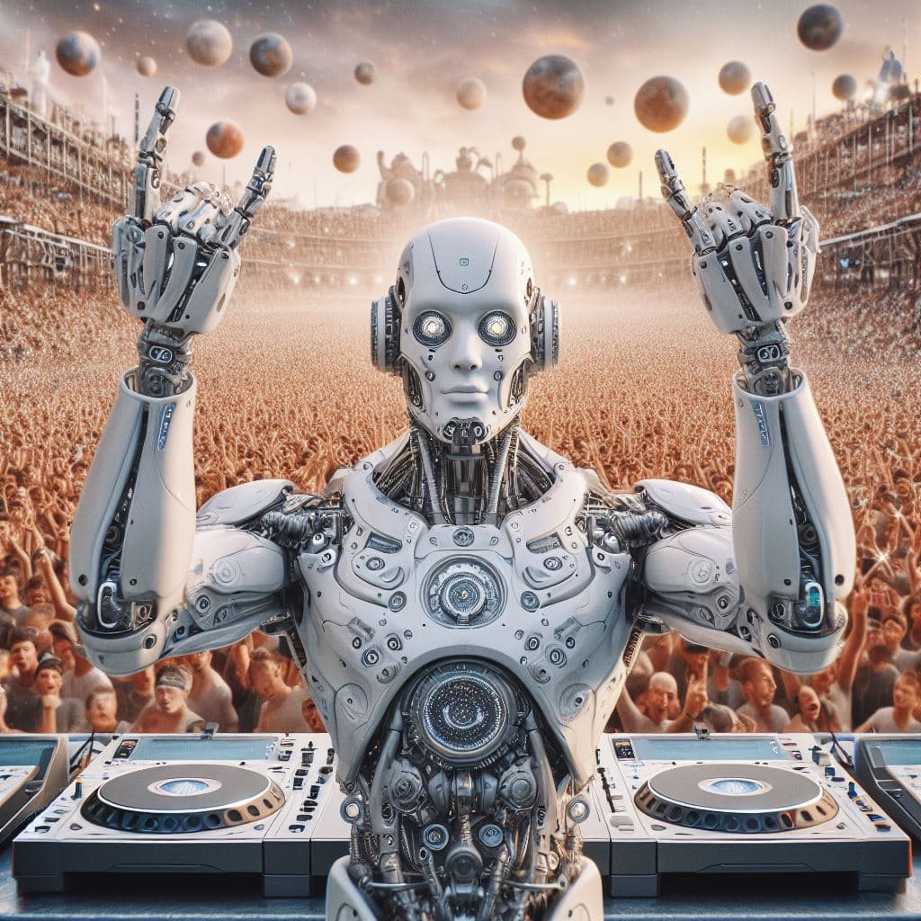 AI generated: dj white cyborg on mars full huge crowds,hyper detailed,4k