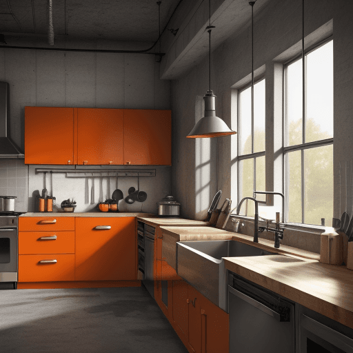 AI generated: an industrial kitchen at war , There is parquet on the walls, scoops and spatula-like items are hang...