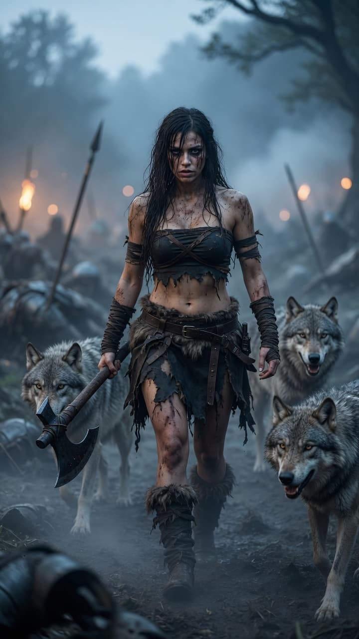 AI generated: A fierce and beautiful young woman warrior with long, wet, messy dark hair and intense dark eye make...