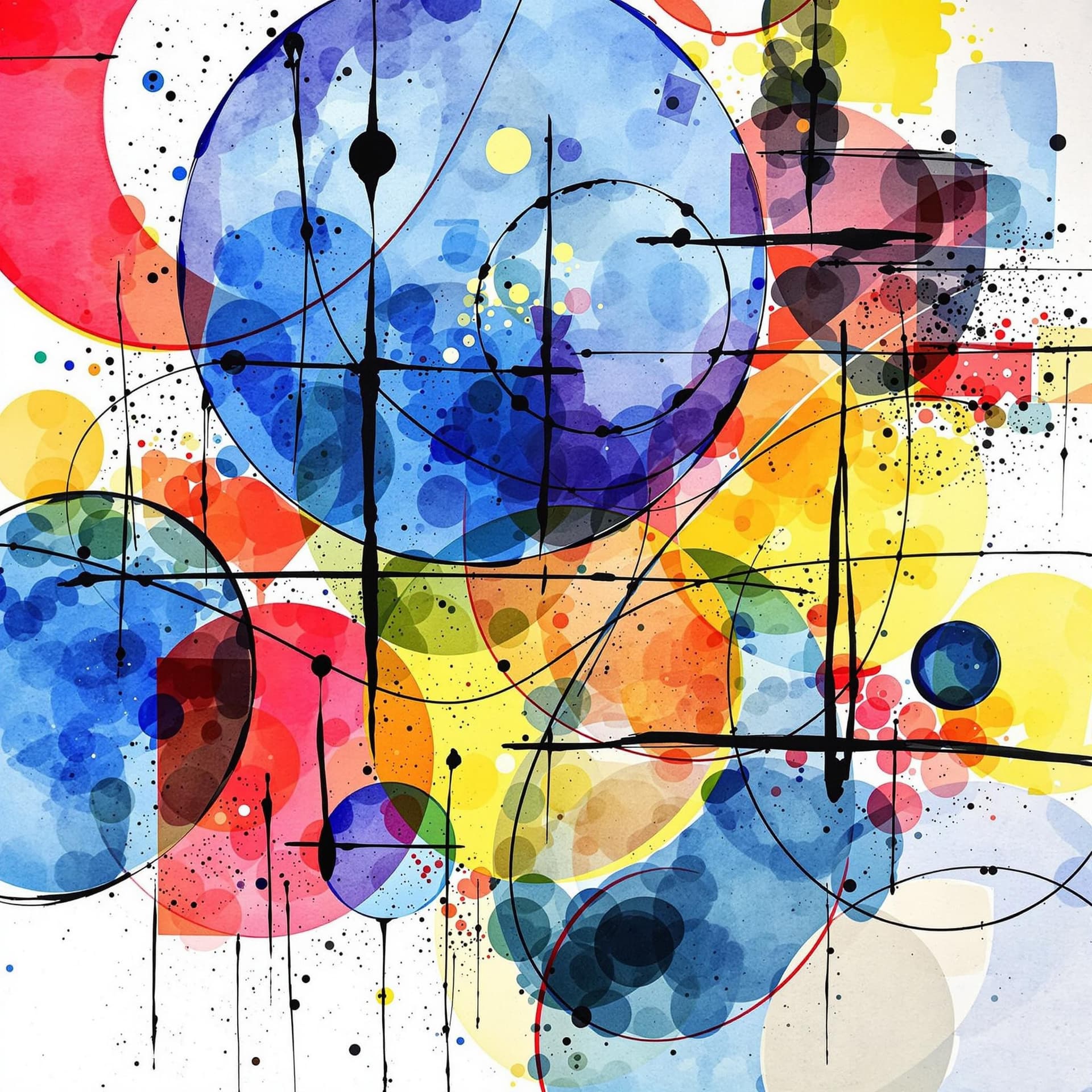 AI generated: abstract art, geometric shapes, colorful, modern style, watercolor painting, overlapping circles, sq...