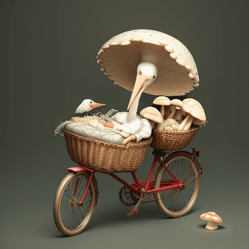 AI generated: A stork carrying a basket with a newborn girl, a bicycle and a mushroom inside