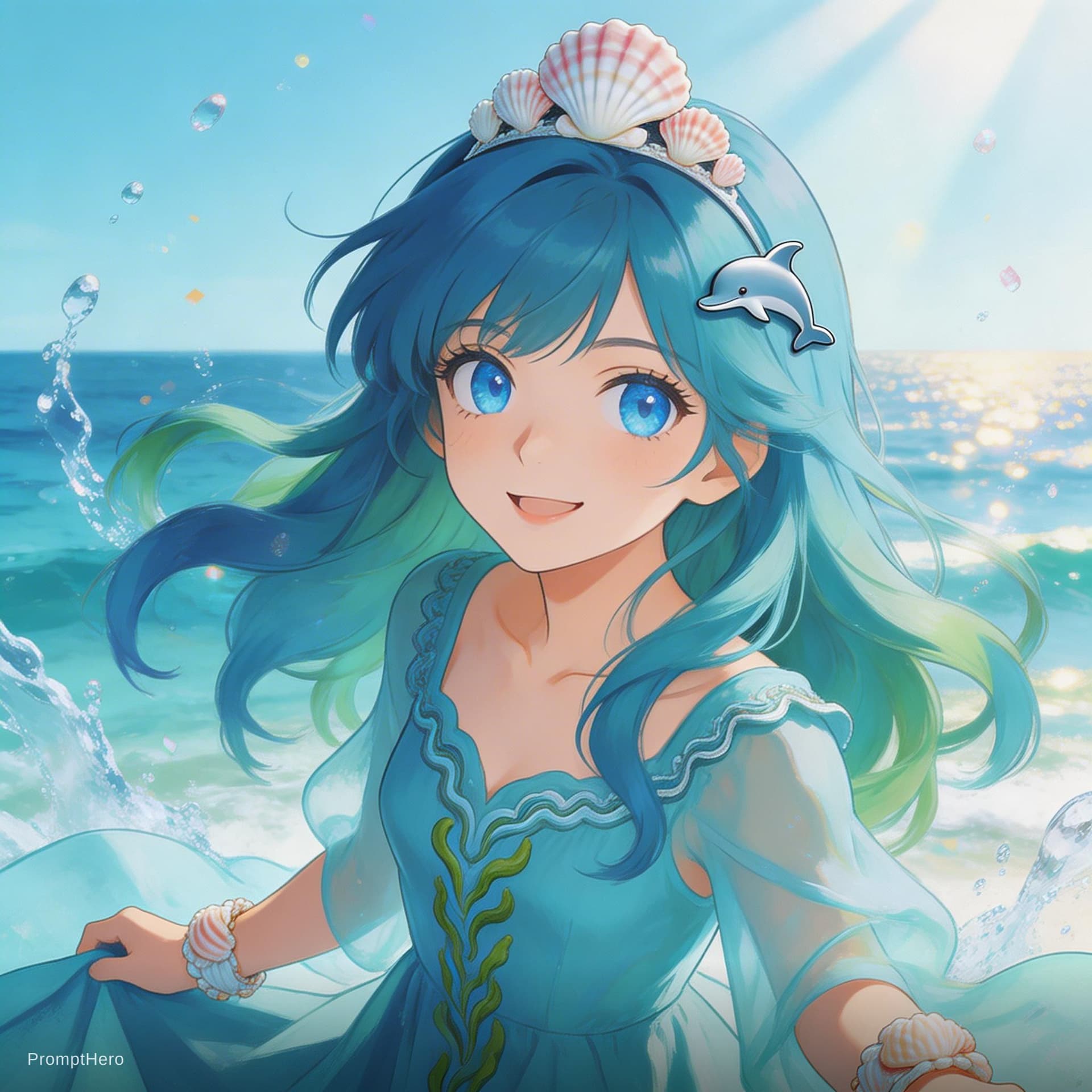 AI generated: A playful anime dancer from the sparkling ocean with a seashell crown and a dolphin hairpin at noon ...