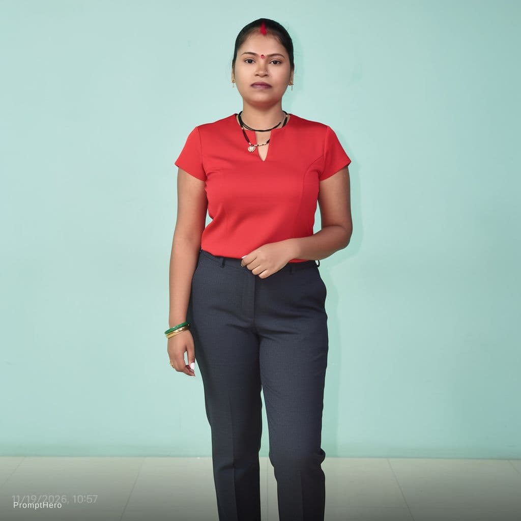 AI generated: She wear red lengrie she looks very hot. do not change her face. Full body pic