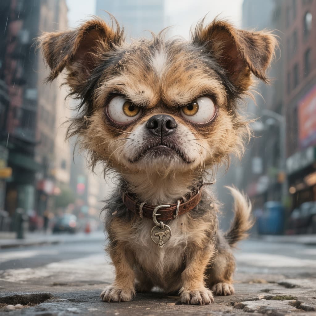 AI generated: funny caricature, grumpy urban dog, male, 7 years old, scruffy, streetwise, annoyed, small dog with ...