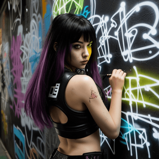 AI generated: cyberpunk girl leaning a graffiti wall