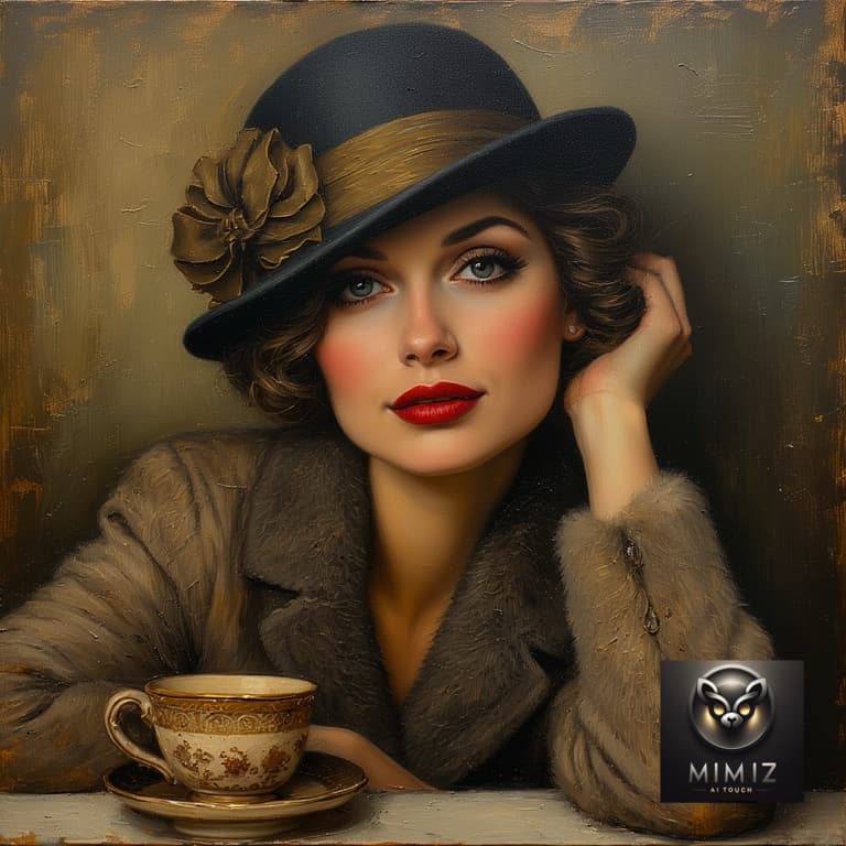 AI generated: Perchance
vintage 1920s woman portrait, soft painterly realism, wearing cloche hat and fur coat, tea...