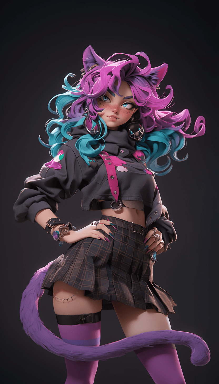 AI generated: cheshire cat like a teen, big blue eyes, perfect feminine figure, blue and purple and orange scheme,...