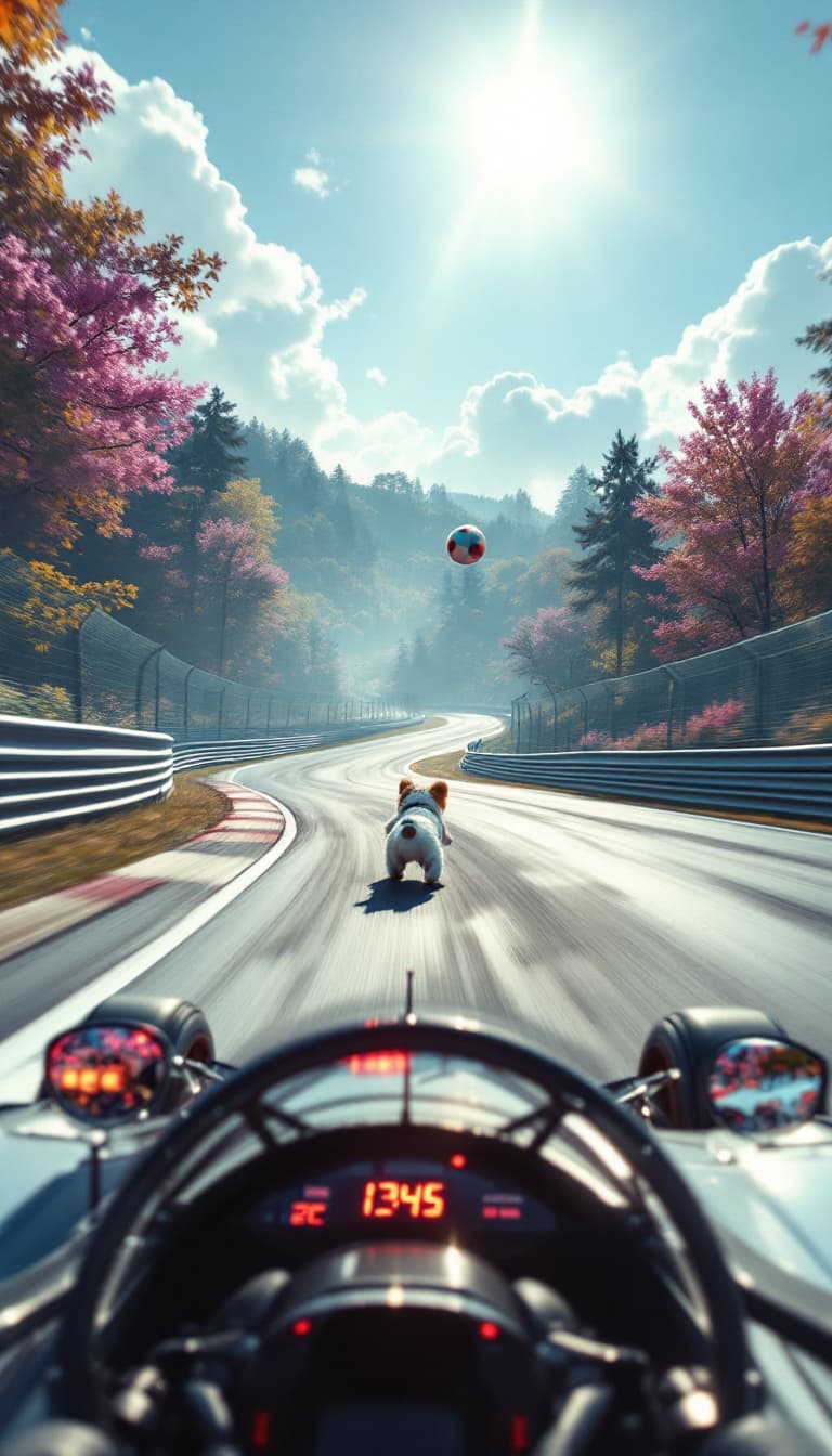 AI generated: Summer. The first racing car racing around the track on a bend.  From the car window, far around the...