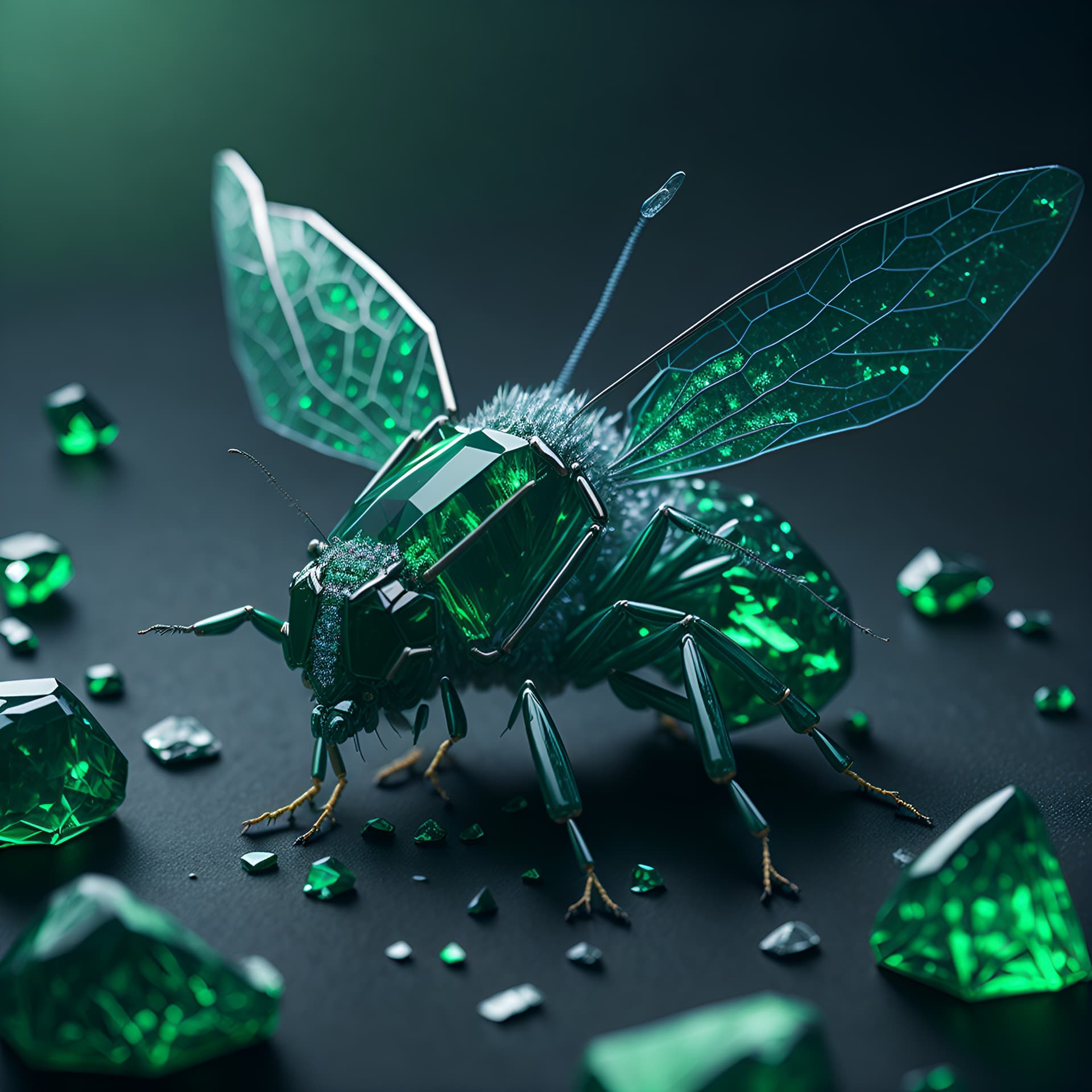 AI generated: macro insect sparkling green emerald with reflections inside other crystals, surrounded by diamonds ...