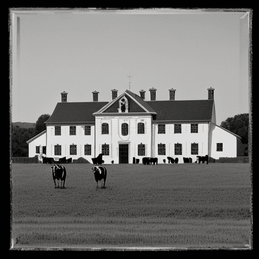 AI generated: Royal House in a wide farm, that house with black and white colors painted and many mirror widows an...