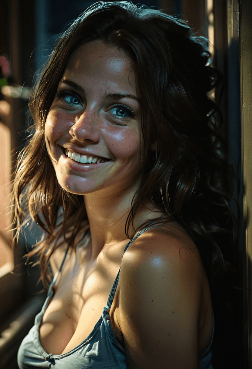 AI generated: HDR photo of woman, long brunette hair, big smile, leaning up against a window in her bedroom, night...