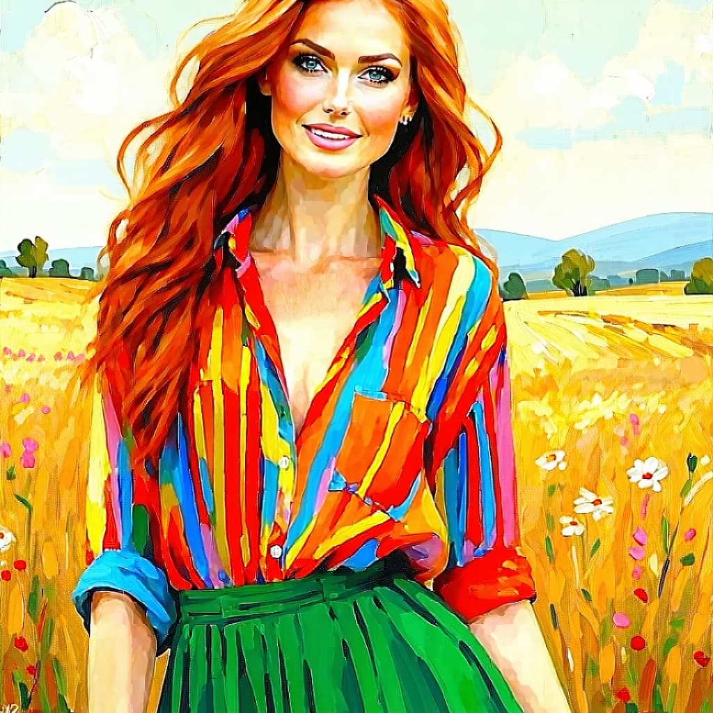 AI generated: The image features a painting of a woman with red hair, wearing a colorful shirt and green skirt. Sh...