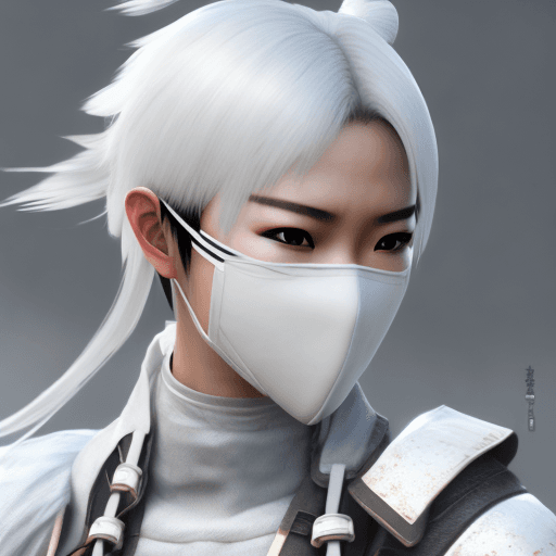 AI generated: Pretty Japanese ninja with white colored short hair, mask, thick hide armor, hyperrealism, photoreal...