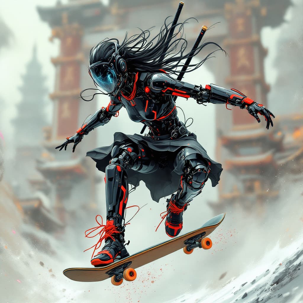 AI generated: in the style of ck-sfc, female cyberpunk robot samurai skateboarding and jump, robot face with mirro...
