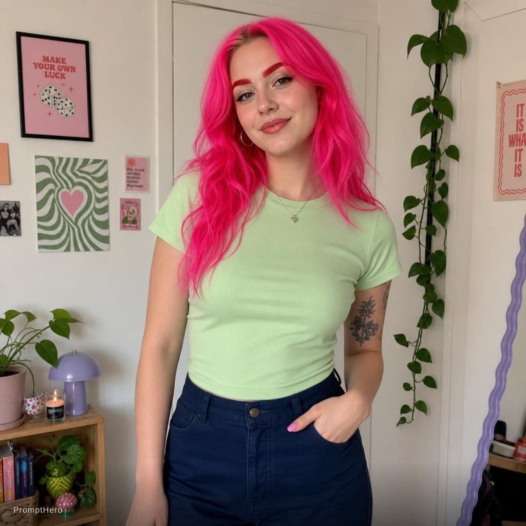 AI generated: a women with hot pink hair pastel green shirt dark blue pants red eyebrows
