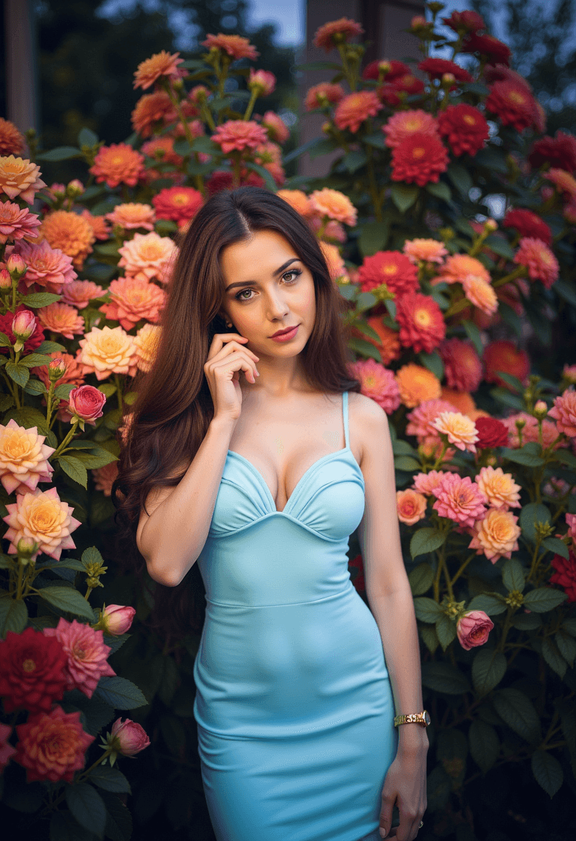AI generated: A woman with long brunette hair is the central figure. She is wearing a light blue, form fitting dre...