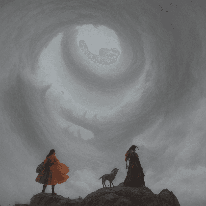 AI generated: This image depicts a fantastical scene of a man and woman facing a dragon in a mountainous landscape...
