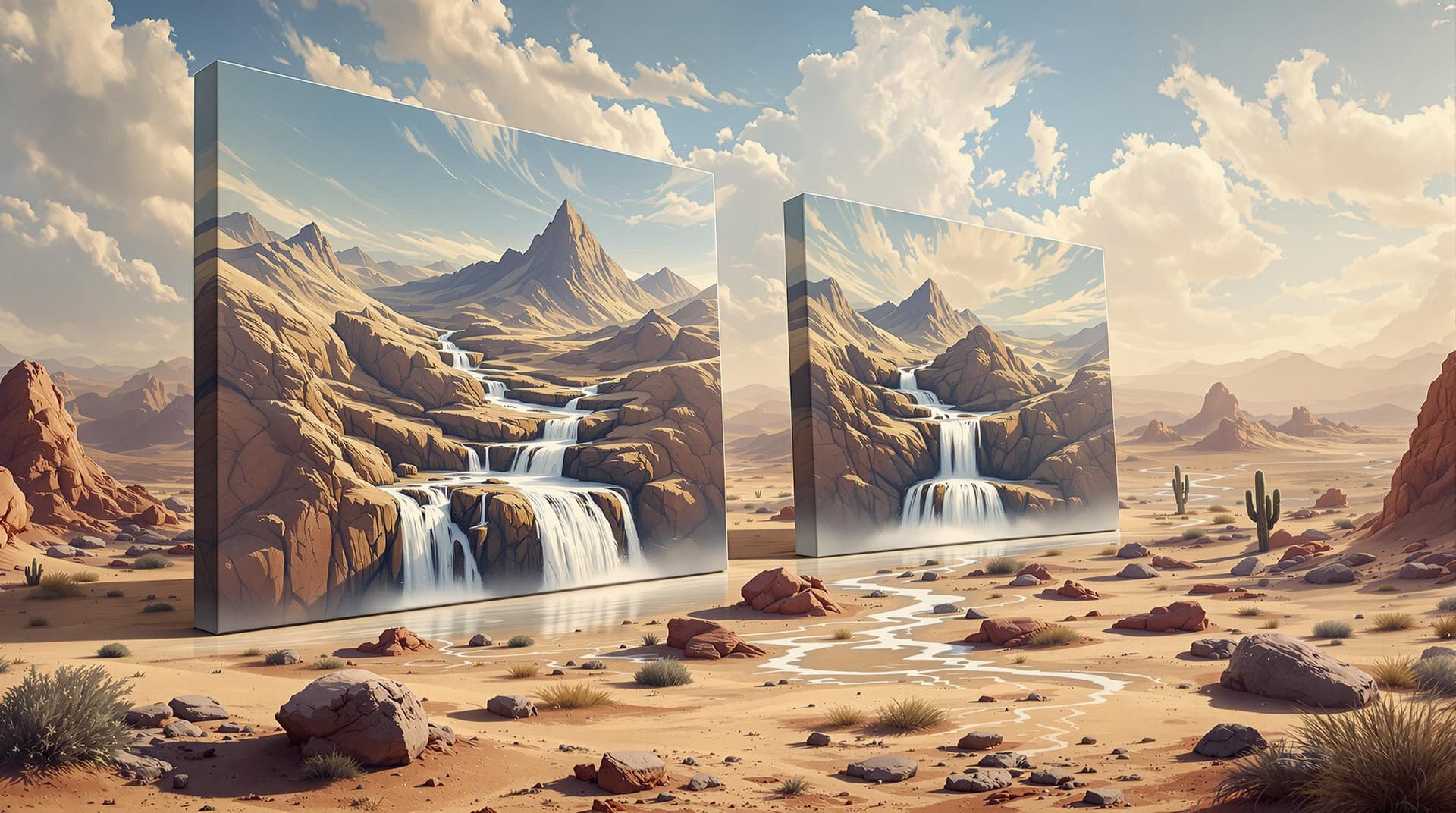 AI generated:   Hyperrealistic surrealist artwork, strong hard light, desert landscape with mountains merging with...