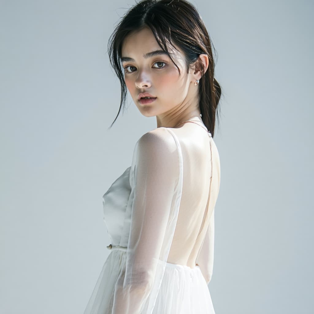 AI generated: A beautiful korean model, 18 years old, wearing a sheer white dress.