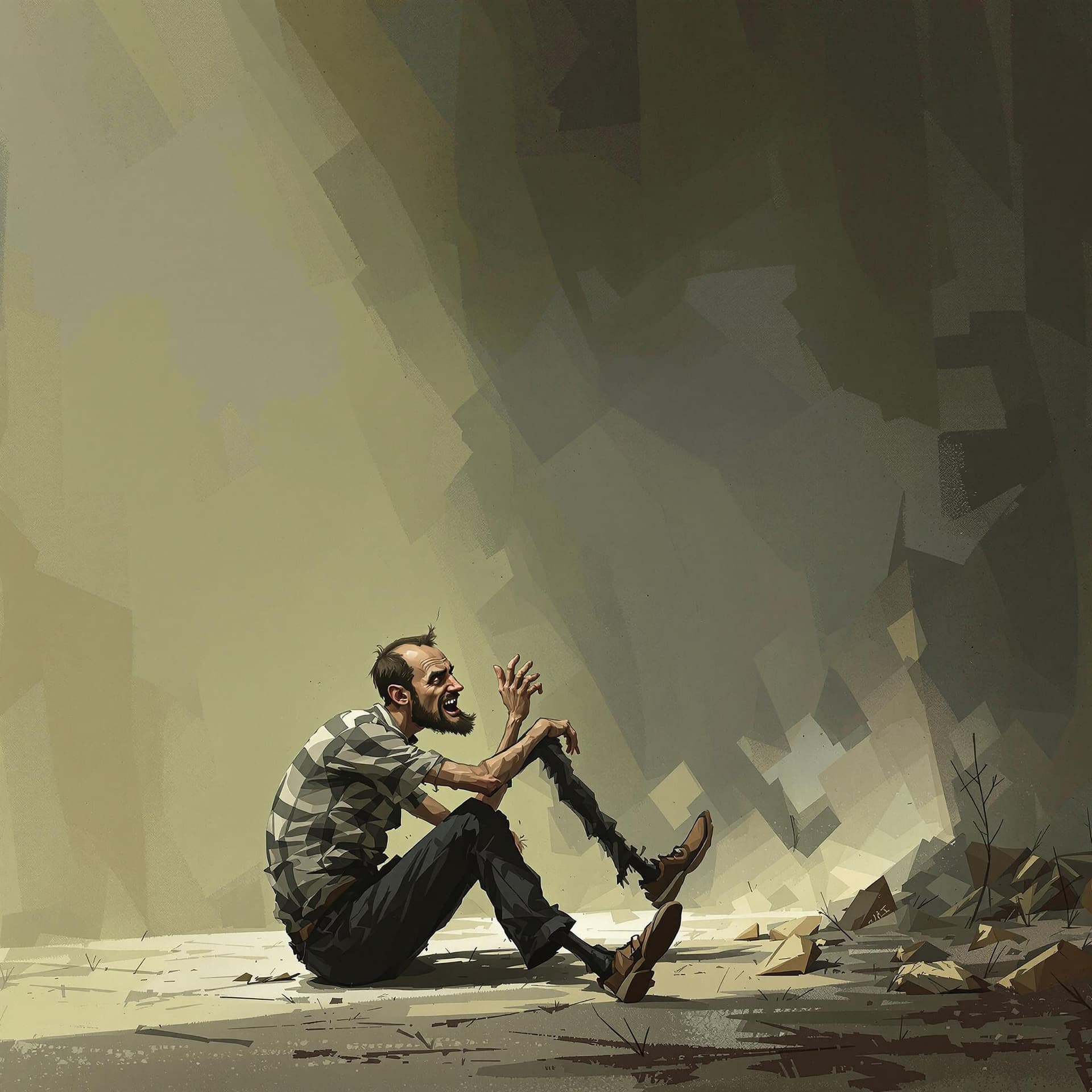 AI generated: Realistic caricature of a tall and thin man running away while sitting on the ground

