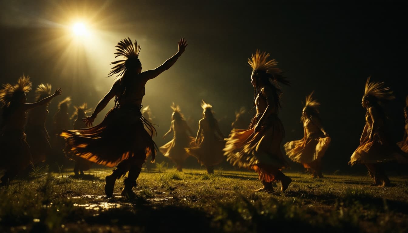 AI generated: The dancers spin clockwise, symbolizing harmony with nature.at night

. Native Americans are gathere...
