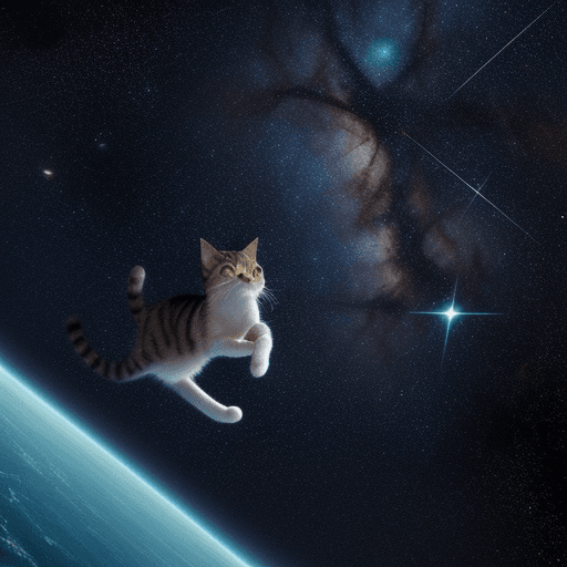AI generated: Croatian sea but in space, many stars, cats floating around