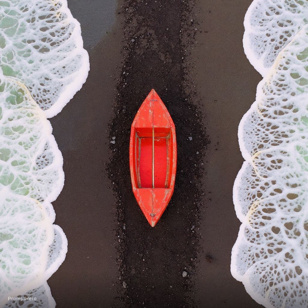 AI generated: small, red wooden boat rests on a dark, volcanic beach.  The boat is centered in the image, position...