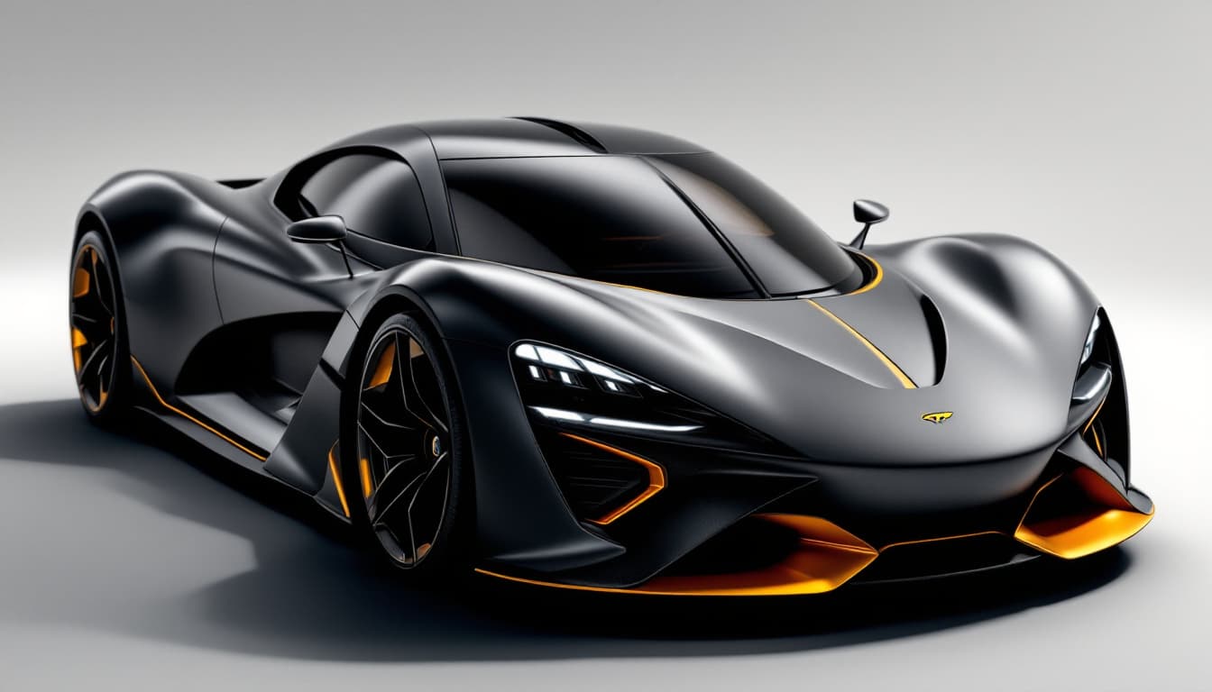 AI generated: 2025 McLaren GTS Gran Turismo. Matte Black and Gold This concept 2050 car was developed for the Gran...