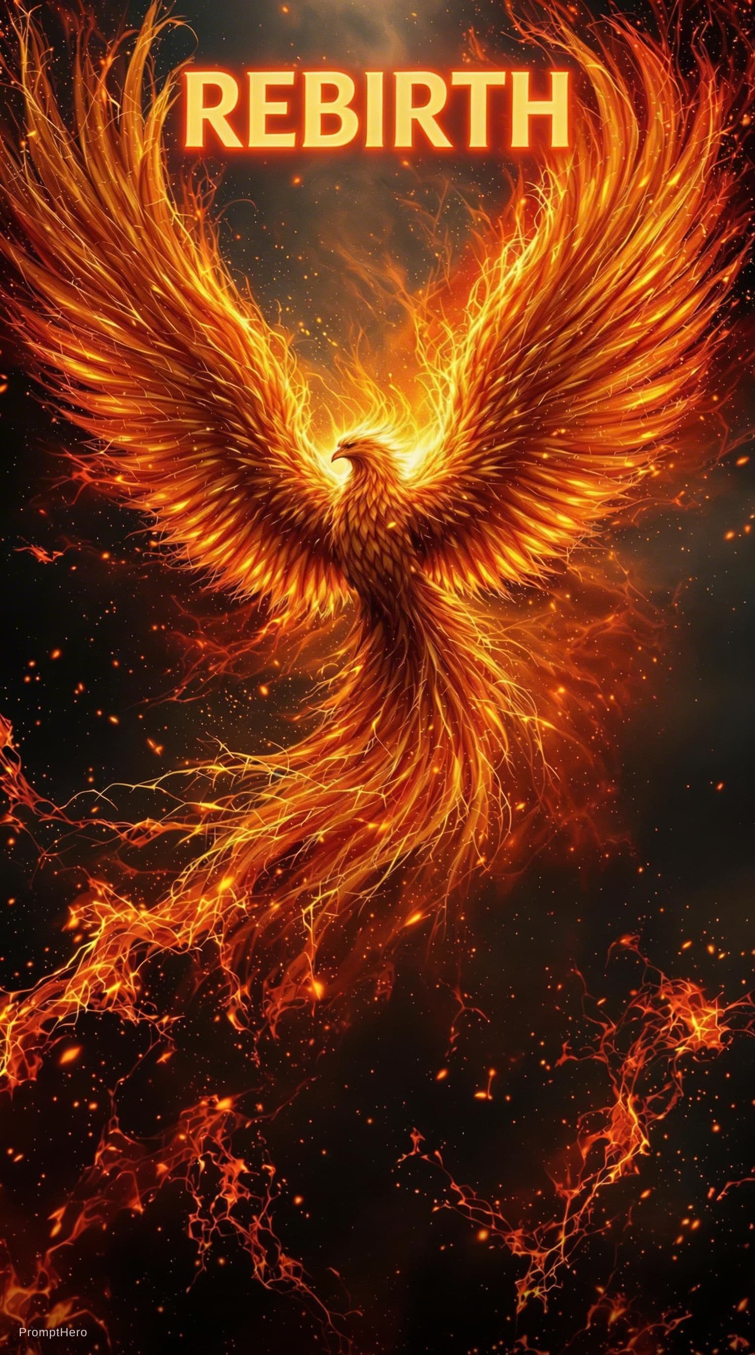 AI generated: A majestic phoenix rising from its ashes,its vibrant feathers glowing in shades of fiery red,orange,...